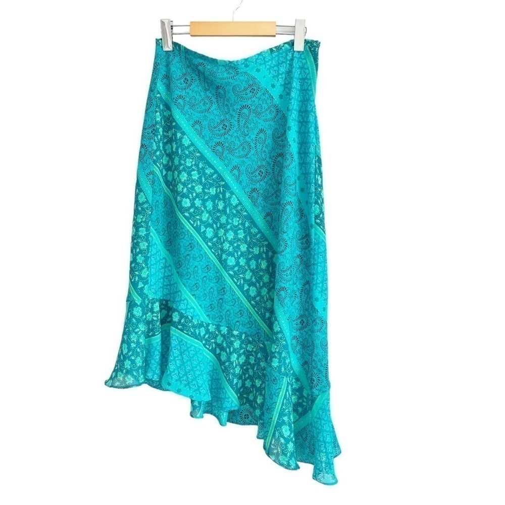 Worthington Petite Blue/Teal Floral Asymmetrical Paisley Ruffled Skirt 10P